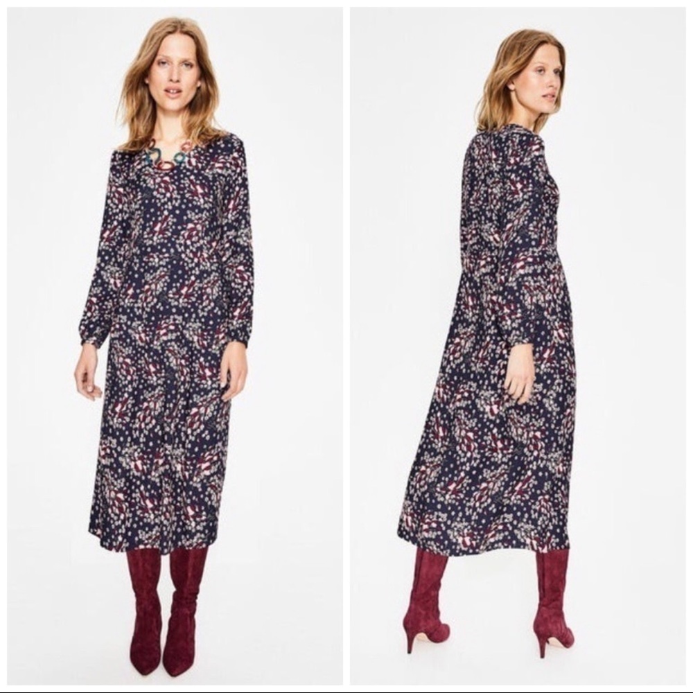 C012 Boden Easy Midi Dress - Navy Autumnal Leaves